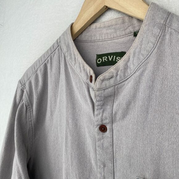 ORVIS Shirt Mens M Flannel Button Up Mandarin Collar Long Sleeve Gray Cotton - Picture 2 of 13